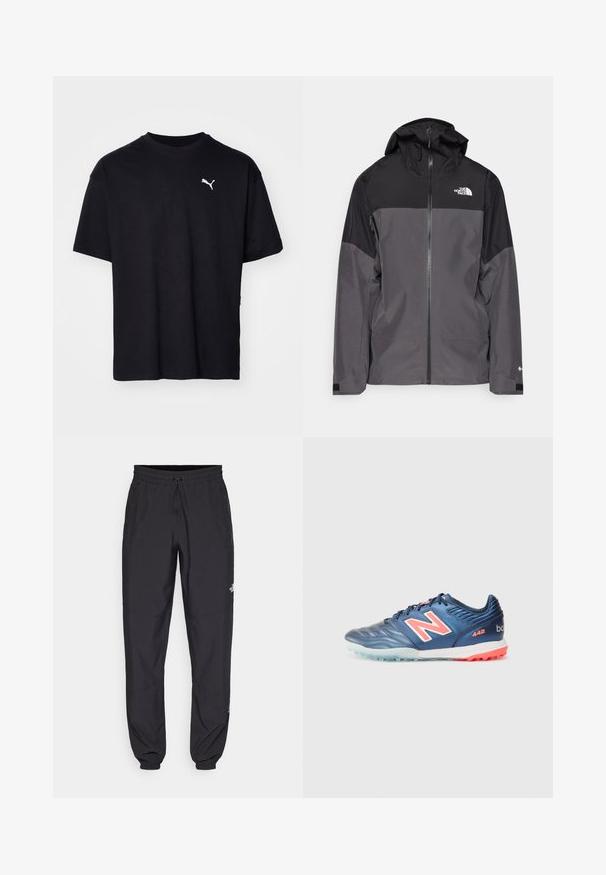 Šedá nepremokavá bunda s čiernou hornou časťou, so zipsom vpredu, nastaviteľnou kapucňou a elastickými manžetami. Obsahuje logo na hrudi a rukáve.; Čierne bavlnené tričko s krátkymi rukávmi, okrúhlym výstrihom a bielym logom Puma na hornej ľavej strane hrudníka. Klasický strih, hladká textura.; Čierne športové nohavice vyrobené z ľahkej tkaniny, s elastickým pásom na šnurovanie, bočnými vreckami a zúženými manžetami na členkoch.; Modré syntetické futbalové kopačky s textúrovaným povrchom, s veľkým bielym a ružovým logom "N", gumovou podrážkou a svetlomodrými akcentmi.
