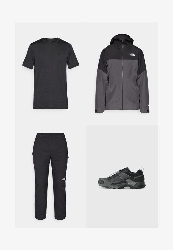 Pilkas vandeniui atsparus švarkas su juodu viršutiniu įdėklu, užtrauktuku priekyje, reguliuojamu gaubtu ir elastingomis rankovėmis. Yra logotipas ant krūtinės ir rankovės.; Juodas trumpų rankovių marškinėliai, pagaminti iš lygaus, lengvo audinio. Turi apvalią iškirptę ir išsiuvinėtą logotipą ant krūtinės.; The North Face WINTER EXPLORATION TAPERED CARGO - Lauko kelnės - black; Juodas bėgimo trail avalynė su patvariu tinkleliu, sustiprinta pado dalimi, tekstūruotu gumuotu padu ir elastingu raištelių sistema, užtikrinančia tvirtą prigludimą.