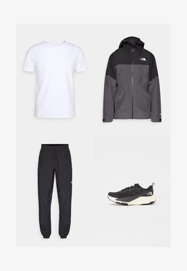 Grijze waterdichte jas met een zwart bovenstuk, een rits aan de voorkant, een verstelbare capuchon en elastische manchetten. Bevat logo op de borst en de mouw.; Witte katoenen t-shirt met korte mouwen en een ronde hals. Eenvoudig ontwerp zonder patronen of accenten. Glad textuur.; Zwarte sportieve broek gemaakt van lichtgewicht stof, met een trekkoord in de taille, zijzakken en taps toelopende boorden bij de enkels.; Zwarte sportieve schoen met een gestructureerde mesh bovenkant, solide zwarte accenten en een lichte witte buitenzool. Voorzien van vetersluiting en een treklus.