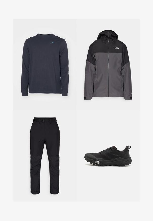 Veste imperméable grise avec une section supérieure noire, fermeture éclair à l'avant, capuche ajustable et poignets élastiques. Présente un logo sur la poitrine et la manche.; Klättermusen ROOT LOGO TEE - T-shirt à manches longues - raven; Pantalon noir en tissu durable avec une coupe droite. Ses caractéristiques incluent une taille avec une ceinture et des accents texturés sur le bas des jambes.; Chaussure de trail running noire avec une tige texturée, semelle en caoutchouc et bout renforcé. Présente un col rembourré et une tirette pour un enfilage facile.