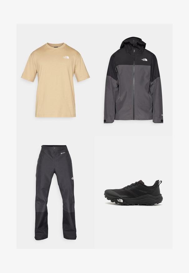 Szürke vízálló dzseki fekete felső résszel, cipzáros elülső rész, állítható kapucni és rugalmas mandzsetta. A mellkason és az ujjon logóval ellátva.; Rövid ujjú bézs póló, puha anyagból készült. Bal mellen kis fehér logóval és kerek nyakkivágással rendelkezik.; Fekete vízálló nadrág sima textúrával, elöl GORE-TEX logóval, és megerősített alsó lábrészekkel a tartósság érdekében.; Fekete terepfutó cipő, textúrált felső résszel, gumitalppal és megerősített lábujjrészével. Párnázott bokarésszel és húzófüllel rendelkezik a könnyű felhúzáshoz.