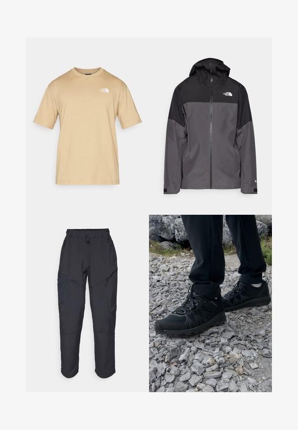 Šedá nepromokavá bunda s černou horní částí, zipem vpředu, nastavitelnou kapucí a elastickými manžetami. Na hrudi a rukávu je logo.; Krátký rukáv béžového trička vyrobeného z měkké tkaniny. Obsahuje malé bílé logo na levé straně hrudi a design s kulatým výstřihem.; Černé cargo kalhoty vyrobené z lehkého, voděodolného materiálu; mají elastický pas, několik kapes na zip a zúžené nohavice.; Černé venkovní boty z prodyšného a syntetického materiálu, s texturovaným svrškem, bezpečným šněrovacím systémem a robustní podrážkou, na skalnatém terénu.