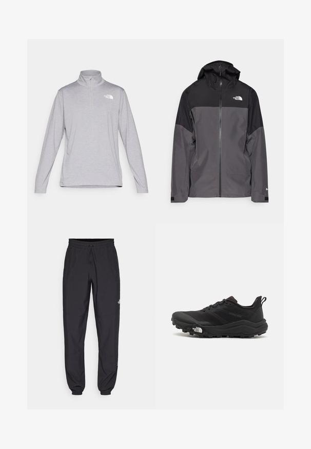 Grå vattentät jacka med svart övre del, dragkedja fram, justerbar huva och elastiska ärmslut. Har logotyp på bröstet och ärmen.; Ljusgrå långärmad tröja med halvkedja, tillverkad av mjukt material, med en liten vit logotyp på övre vänstra bröstet.; Svarta träningsbyxor tillverkade av lättviktsmaterial, med dragsko i midjan, sidofickor och avsmalnande muddar vid anklarna.; Svart terränglöparsko med en strukturerad ovandel, gummisula och förstärkt tåhätta. Har en vadderad krage och en dragflik för enkel påtagning.