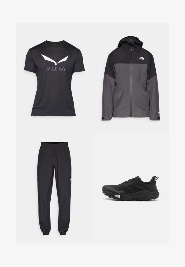 Casaco impermeável cinza com uma seção superior preta, fecho éclair à frente, capuz ajustável e punhos elásticos. Apresenta um logo no peito e na manga.; T-shirt preta de mangas curtas com um grande logótipo branco que se assemelha a asas e a palavra "SALEWA" em cinza por baixo. Textura de tecido suave.; Calças atléticas pretas feitas de tecido leve, com um cós ajustável por cordão, bolsos laterais e punhos afunilados nos tornozelos.; Sapatilha de trail running preta com um upper texturizado, sola de borracha e biqueira reforçada. Possui um colarinho acolchoado e uma alça para facilitar o calçar.