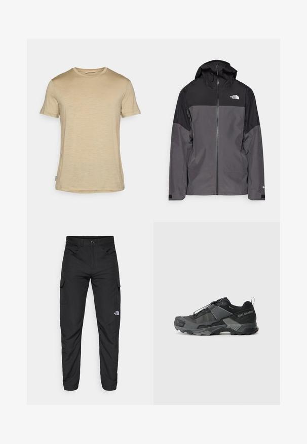 Šedá nepromokavá bunda s černou horní částí, zipem vpředu, nastavitelnou kapucí a elastickými manžetami. Na hrudi a rukávu je logo.; Beige tričko s krátkým rukávem vyrobené z lehkého materiálu; má kulatý výstřih a jemnou strukturu s rovně střiženým lemem.; The North Face HORIZON PANT - Outdoorové kalhoty - black; Černá trailová běžecká bota s odolným síťovaným svrškem, vyztuženou špičkou, texturovanou gumovou podrážkou a elastickým šněrovacím systémem pro bezpečné uchycení.