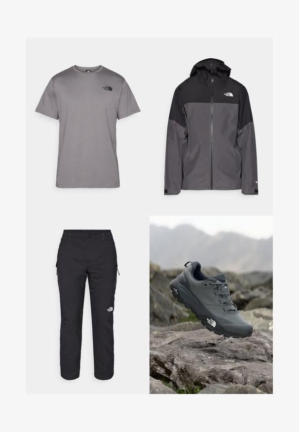 Pelēks ūdensnecaurlaidīgs mētelis ar melnu augšējo daļu, ar rāvējslēdzēja priekšpusi, regulējamu kapuci un elastīgām aprocēm. Iekļauj logotipu uz krūtīm un piedurknēm.; Pelēks īsais piedurkņu T-krekls izgatavots no mīksta auduma. Tam ir melns logo uz augšējā kreisā krūts, ar klasisku apaļu kakla dizainu.; The North Face WINTER EXPLORATION TAPERED CARGO - Āra bikses - black; Pelēki skrējēju apavi ar teksturētu virsu, izturīgu gumijas zoli un pastiprinātu pirkstu daļu. Iekļauj šņores un zīmola logo sānos.