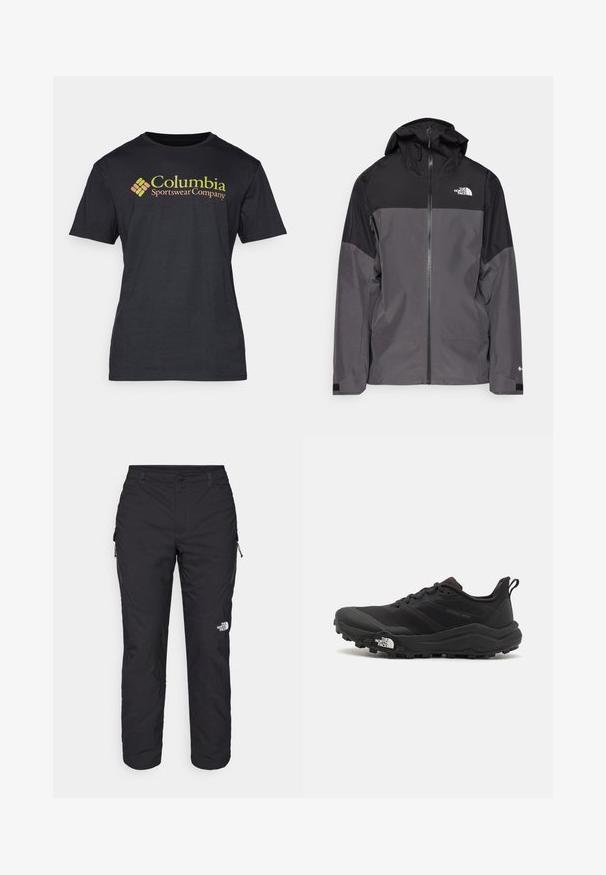 Šedá nepromokavá bunda s černou horní částí, zipem vpředu, nastavitelnou kapucí a elastickými manžetami. Na hrudi a rukávu je logo.; Columbia BASIC LOGO™ SHORT SLEEVE - Triko s potiskem - black; The North Face WINTER EXPLORATION TAPERED CARGO - Outdoorové kalhoty - black; Černé trailové běžecké boty s texturovaným svrškem, gumovou podrážkou a vyztuženou špičkou. Obsahují polstrovaný límec a poutko pro snadné obouvání.