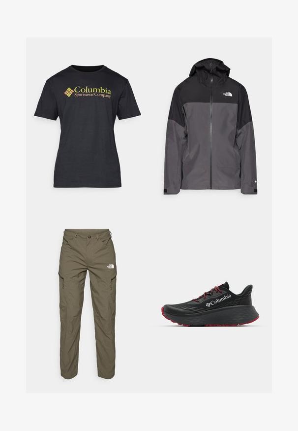 Šedá nepromokavá bunda s černou horní částí, zipem vpředu, nastavitelnou kapucí a elastickými manžetami. Na hrudi a rukávu je logo.; Columbia BASIC LOGO™ SHORT SLEEVE - Triko s potiskem - black; Olivově zelené venkovní kalhoty vyrobené z lehké tkaniny, s cargo kapsami, zipovými akcenty a logem na horní části stehna.; Černá sportovní bota s texturovaným svrškem, červenými tkaničkami a logem. Silná podrážka s vzorovaným dezénem pro lepší trakci. Minimalistický design, boční pohled.