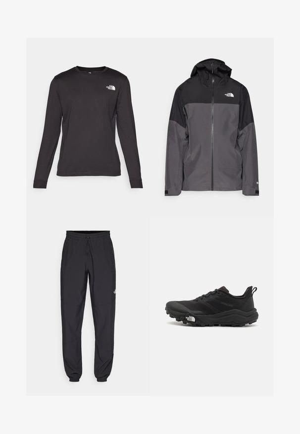 Grå vandtæt jakke med en sort overdel, lynlås foran, justerbar hætte og elastiske manchetter. Har logo på brystet og ærmet.; Langærmet sort t-shirt lavet af blødt bomuld, med rund hals og et lille hvidt logo på øverste venstre side. Glat tekstur.; Sorte atletiske bukser lavet af letvægtsstof, med en snor i taljen, sidelommer og tapered manchetter ved anklerne.; Sort trail løbesko med en struktureret overdel, gummisål og forstærket tåhætte. Har en polstret krave og en pull-tab til nem påtagning.