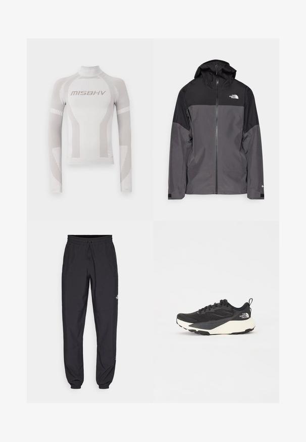 Šedá nepromokavá bunda s černou horní částí, zipem vpředu, nastavitelnou kapucí a elastickými manžetami. Na hrudi a rukávu je logo.; Bílé přiléhavé tričko s dlouhým rukávem a vertikálními světle šedými pruhy a vysokým límcem. Na přední straně se nachází logo "MISBHV", vyrobené ze strečové látky.; Černé sportovní kalhoty vyrobené z lehké tkaniny, s páskem na šňůrku, bočními kapsami a zúženými manžetami na kotnících.; Černá sportovní bota s texturovaným síťovaným svrškem, solidními černými akcenty a bílou lehkou podrážkou. Vybavena šněrováním a poutkem.
