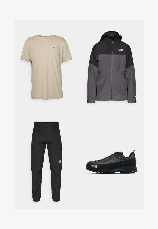Šedá nepremokavá bunda s čiernou hornou časťou, so zipsom vpredu, nastaviteľnou kapucňou a elastickými manžetami. Obsahuje logo na hrudi a rukáve.; Béžové bavlnené tričko s krátkymi rukávmi, okrúhlym výstrihom a malým čiernym logom na ľavej strane hrudníka. Hladká textura, vhodný na bežné nosenie.; The North Face HORIZON PANT - Outdoorové nohavice - black; The North Face VERTO ALPINE GORE TEX - Turistické topánky - asphalt grey/tnf black
