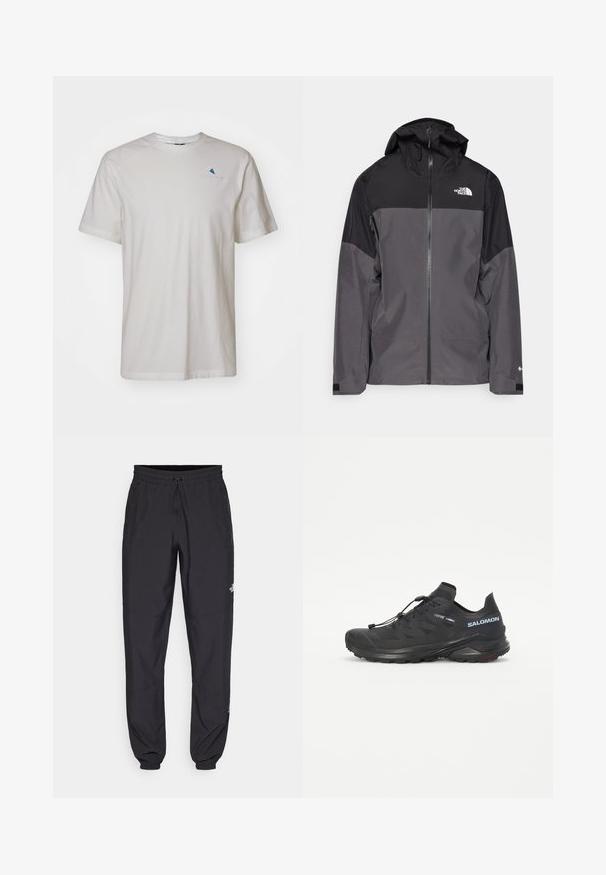 Casaco impermeável cinza com uma seção superior preta, fecho éclair à frente, capuz ajustável e punhos elásticos. Apresenta um logo no peito e na manga.; Klättermusen ROOT LOGO TEE - T-shirt básica - snow; Calças atléticas pretas feitas de tecido leve, com um cós ajustável por cordão, bolsos laterais e punhos afunilados nos tornozelos.; Sapatilha de trail running preta com um upper texturizado, atacadores elásticos e sola Contagrip. Apresenta um ajuste confortável e uma biqueira protetora.