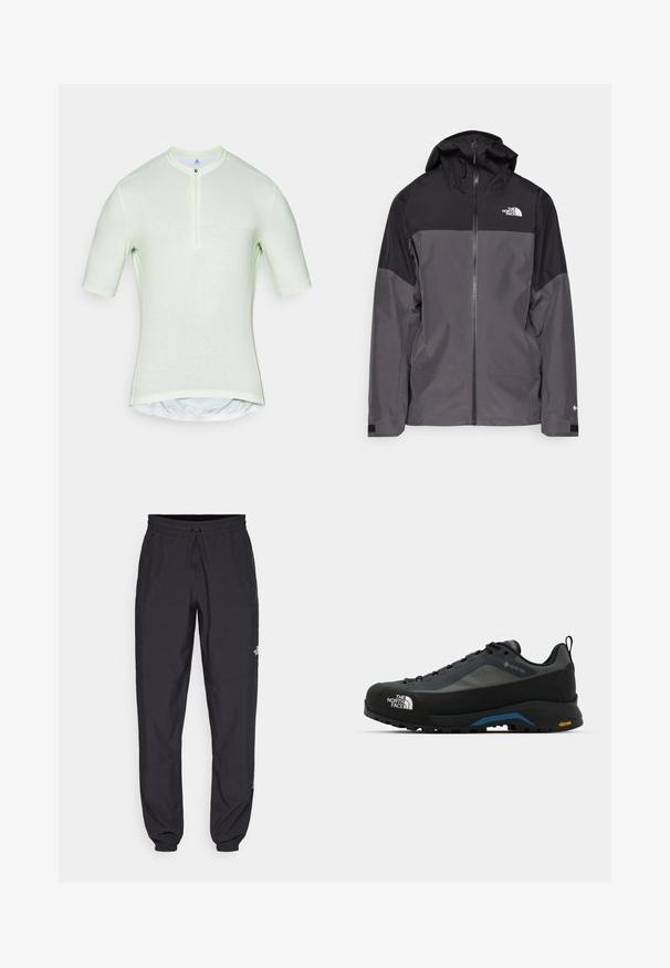 Gray waterproof jacket with a black upper section, zippered front, adjustable hood, and elastic cuffs. Features logo on chest and sleeve.; Light green short-sleeve shirt with a high collar, half-zip closure, and a fitted design. Features smooth fabric with slight texture.; Black athletic pants made from lightweight fabric, featuring a drawstring waistband, side pockets, and tapered cuffs at the ankles.; The North Face VERTO ALPINE GORE TEX - Hiking shoes - asphalt grey/tnf black