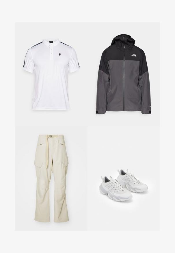 Grå vandtæt jakke med en sort overdel, lynlås foran, justerbar hætte og elastiske manchetter. Har logo på brystet og ærmet.; Hvid polo shirt med marineblå skulderstriber, tre-knaps blokering og et lille sort logo på brystet. Glat, letvægts stof.; Beige cargo bukser med bred benvidde, bælte i taljen, to sidelommer og knælapper. Glat tekstur med forstærkede sømdetaljer.; Hvide løbesko med en mesh-overdel, grå accenter, struktureret gummisål og stropper på hælen; har et snørebåndsdesign.
