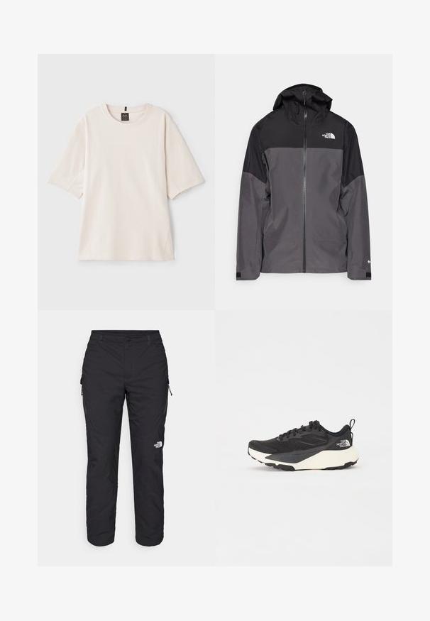 Pilkas vandeniui atsparus švarkas su juodu viršutiniu įdėklu, užtrauktuku priekyje, reguliuojamu gaubtu ir elastingomis rankovėmis. Yra logotipas ant krūtinės ir rankovės.; Šviesiai kreminės spalvos marškinėliai, pagaminti iš minkštų medvilnės. Turi apvalią iškirptę, trumpas rankoves ir laisvą siluetą su šoninėmis siūlėmis.; The North Face WINTER EXPLORATION TAPERED CARGO - Lauko kelnės - black; Juodas sportinis batelis su tekstūruotu tinkleliu, solidžiai juodais akcentais ir lengvu baltu padu. Yra raištelių uždarymas ir trauktukas.