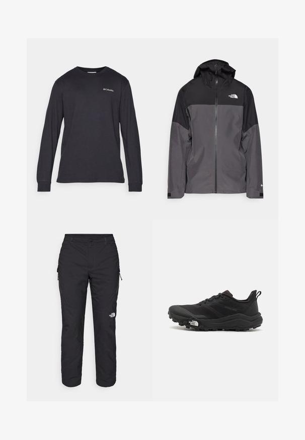 Pilkas vandeniui atsparus švarkas su juodu viršutiniu įdėklu, užtrauktuku priekyje, reguliuojamu gaubtu ir elastingomis rankovėmis. Yra logotipas ant krūtinės ir rankovės.; Ilgas rankovės marškiniai šviesiai pilkos spalvos iš medvilnės, su apvalia kaklo iškirpte ir subtiliu logotipu ant kairiojo krūtinės, su rankovėmis, kurios baigiasi atsukamos.; The North Face WINTER EXPLORATION TAPERED CARGO - Lauko kelnės - black; Juoda bėgimo batai su tekstūruotu paviršiumi, guma padais ir sustiprinta pirštų dalimi. Yra paminkštinta apykaklė ir kilpos, leidžiančios lengvai užsidėti.