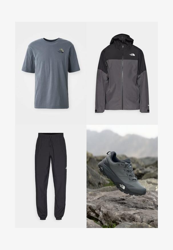 Gray waterproof jacket with a black upper section, zippered front, adjustable hood, and elastic cuffs. Features logo on chest and sleeve.; Gray short-sleeve t-shirt made of cotton, featuring a small embroidered logo and floral design on the left chest area.; Black athletic pants made from lightweight fabric, featuring a drawstring waistband, side pockets, and tapered cuffs at the ankles.; Grey trail running shoe with a textured upper, durable rubber sole, and reinforced toe cap. Features laces and brand logo on the side.