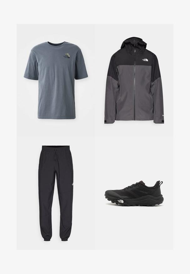 Gray waterproof jacket with a black upper section, zippered front, adjustable hood, and elastic cuffs. Features logo on chest and sleeve.; Gray short-sleeve t-shirt made of cotton, featuring a small embroidered logo and floral design on the left chest area.; Black athletic pants made from lightweight fabric, featuring a drawstring waistband, side pockets, and tapered cuffs at the ankles.; Black trail running shoe with a textured upper, rubber sole, and reinforced toe cap. Features a padded collar and pull tab for easy wear.