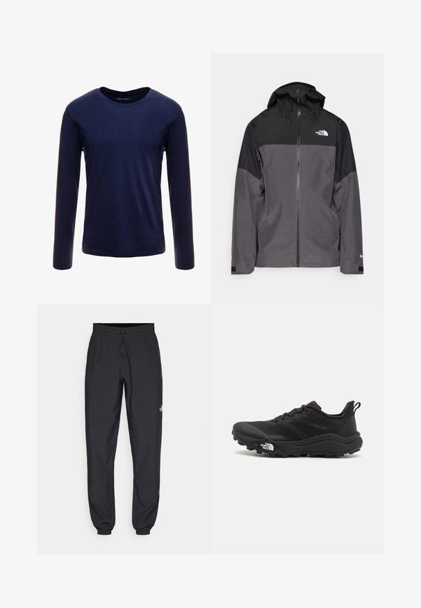 Šedá nepromokavá bunda s černou horní částí, zipem vpředu, nastavitelnou kapucí a elastickými manžetami. Na hrudi a rukávu je logo.; Námornícky dlhý rukáv tričko vyrobené z měkké bavlny, s klasickým kulatým výstřihem a hladkou texturou bez viditelných vzorů nebo akcentů.; Černé sportovní kalhoty vyrobené z lehké tkaniny, s páskem na šňůrku, bočními kapsami a zúženými manžetami na kotnících.; Černé trailové běžecké boty s texturovaným svrškem, gumovou podrážkou a vyztuženou špičkou. Obsahují polstrovaný límec a poutko pro snadné obouvání.