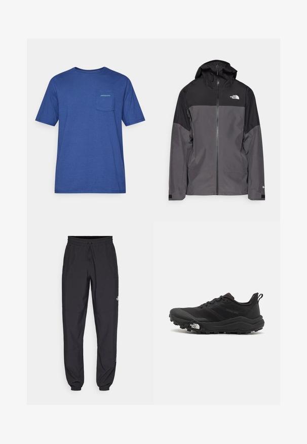 Pelēks ūdensnecaurlaidīgs mētelis ar melnu augšējo daļu, ar rāvējslēdzēja priekšpusi, regulējamu kapuci un elastīgām aprocēm. Iekļauj logotipu uz krūtīm un piedurknēm.; Zils kokvilnas T-krekls ar īsām piedurknēm, tam ir krūšu kabata un zaļa Patagonia logo. Vienkāršs apaļas formas kakls un brīvs piegriezums.; Melni sporta bikses, kas izgatavotas no viegla auduma, ar savelcamu jostu, sānu kabatām un sašaurinātiem apakšējiem galiem pie potītēm.; Melnas taku skriešanas kurpes ar teksturētu virsu, gumijas zoli un pastiprinātu pirkstu daļu. Aprīkotas ar mīkstu apkakli un vilkšanas cilpu, lai viegli uzvilktu.