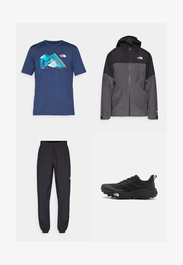 Chaqueta impermeable gris con sección superior negra, cierre frontal con cremallera, capucha ajustable y puños elásticos. Presenta un logo en el pecho y la manga.; Camiseta de manga corta azul marino hecha de tejido suave, con un diseño gráfico que presenta acentos en azul, naranja y blanco que representan montañas y un escalador.; Pantalones deportivos negros hechos de un tejido ligero, con una cinturilla ajustable, bolsillos laterales y puños ajustados en los tobillos.; Zapatilla de trail running negra con upper texturizado, suela de goma y puntera reforzada. Presenta un collar acolchado y una lengüeta para poner y quitar fácilmente.