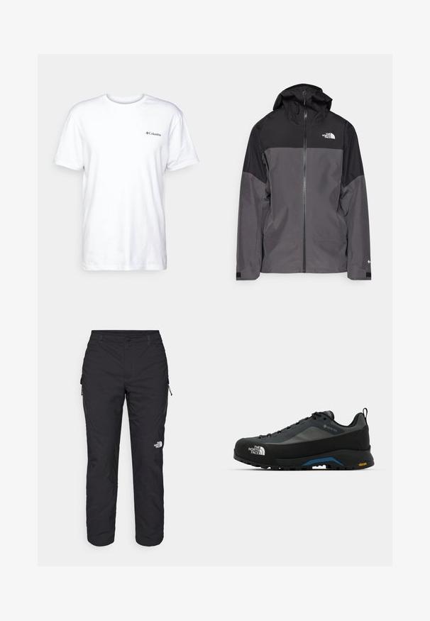 Šedá nepremokavá bunda s čiernou hornou časťou, so zipsom vpredu, nastaviteľnou kapucňou a elastickými manžetami. Obsahuje logo na hrudi a rukáve.; Biela bavlnená tričko s krátkymi rukávmi, okrúhlym výstrihom a malým čiernym logom Columbia na ľavej hrudi. Mäkka, jednoduchý dizajn.; The North Face WINTER EXPLORATION TAPERED CARGO - Outdoorové nohavice - black; The North Face VERTO ALPINE GORE TEX - Turistické topánky - asphalt grey/tnf black