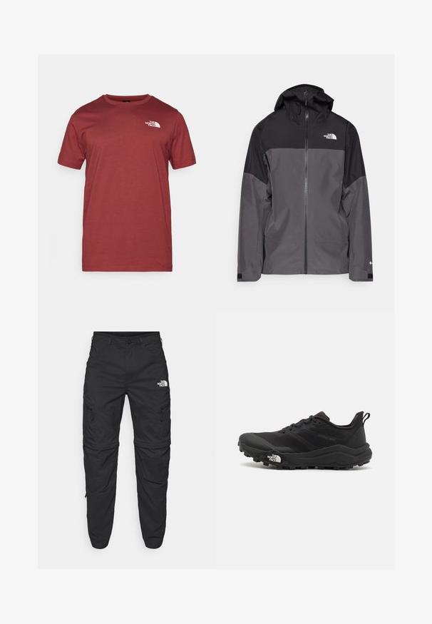 Šedá nepromokavá bunda s černou horní částí, zipem vpředu, nastavitelnou kapucí a elastickými manžetami. Na hrudi a rukávu je logo.; The North Face M SS BOX NSE TEE - Triko s potiskem - sumac/asphalt grey; The North Face EXPLORATION TAPERED CONVERTIBLE  - Outdoorové kalhoty - black; Černé trailové běžecké boty s texturovaným svrškem, gumovou podrážkou a vyztuženou špičkou. Obsahují polstrovaný límec a poutko pro snadné obouvání.