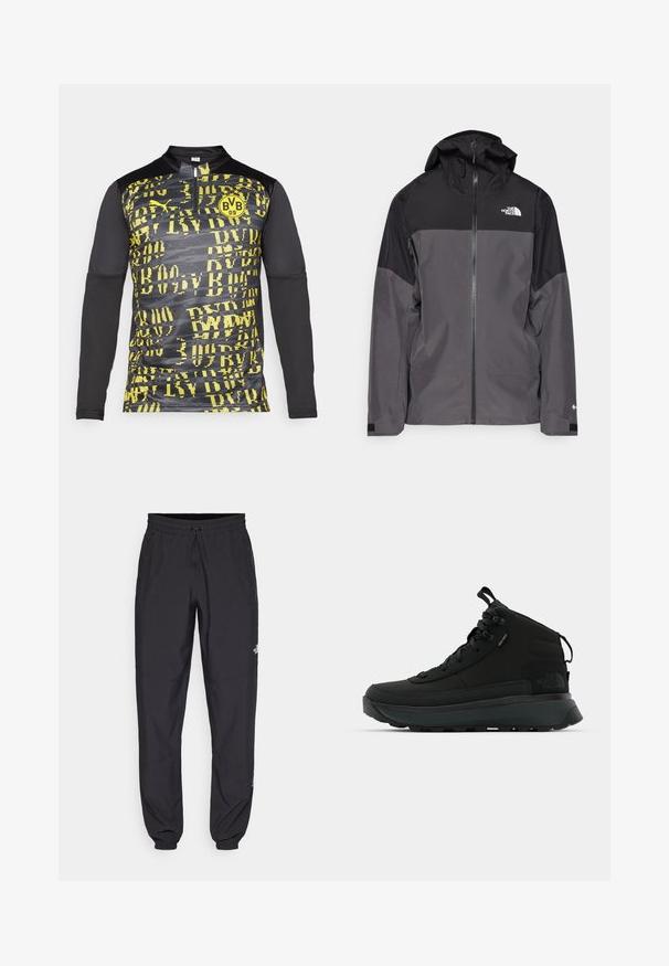 Grå vattentät jacka med svart övre del, dragkedja fram, justerbar huva och elastiska ärmslut. Har logotyp på bröstet och ärmen.; Långärmad träningsskjorta med ett svart och gult grafiskt mönster, dragkedja vid halsen och logotyp på framsidan, tillverkad av andningsbart material.; Svarta träningsbyxor tillverkade av lättviktsmaterial, med dragsko i midjan, sidofickor och avsmalnande muddar vid anklarna.; Svarta vandringskängor med medelhögt skaft, en texturerad tygöverdela, förstärkt tåhätta, ett säkert snörningssystem och en dämpad sula för bra grepp.