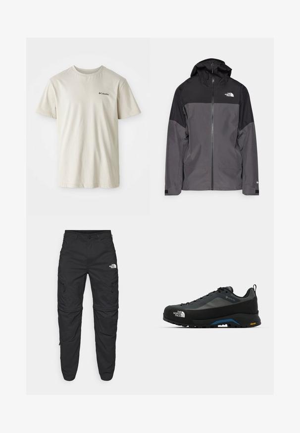 Pelēks ūdensnecaurlaidīgs mētelis ar melnu augšējo daļu, ar rāvējslēdzēja priekšpusi, regulējamu kapuci un elastīgām aprocēm. Iekļauj logotipu uz krūtīm un piedurknēm.; Beige kokvilnas t-kreklu ar īsām piedurknēm, apaļu kakla izgriezumu un mazu melnu logo kreisajā krūšu pusē. Gluda, neizgreznota auduma.; The North Face EXPLORATION TAPERED CONVERTIBLE - Āra bikses - black; The North Face VERTO ALPINE GORE TEX - Pārgājienu apavi - asphalt grey/tnf black