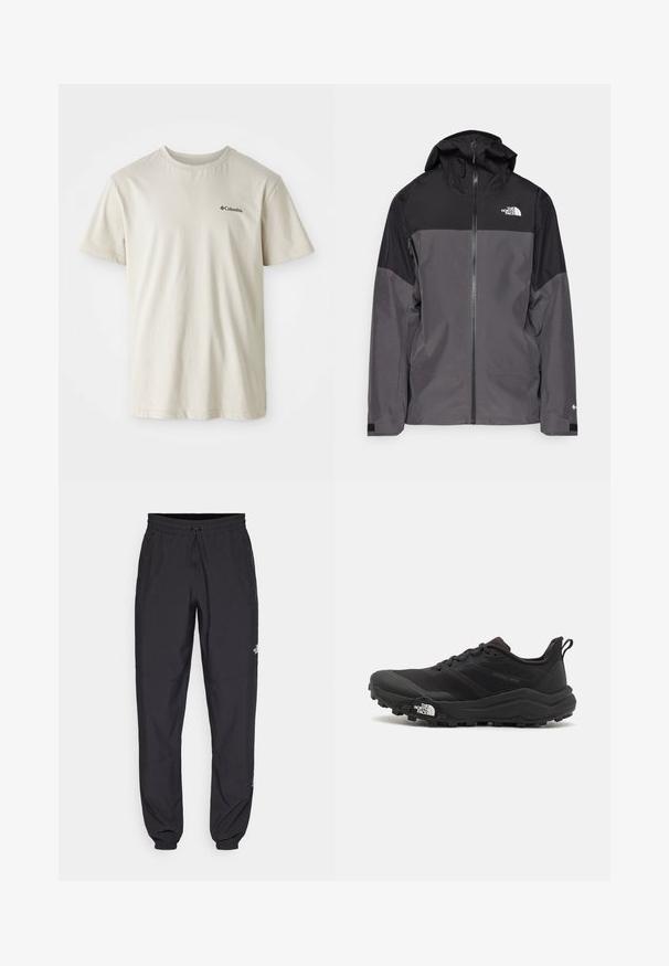 Casaco impermeável cinza com uma seção superior preta, fecho éclair à frente, capuz ajustável e punhos elásticos. Apresenta um logo no peito e na manga.; T-shirt de algodão bege com mangas curtas, decote redondo e um pequeno logótipo preto na área do peito esquerdo. Tecido liso e sem adornos.; Calças atléticas pretas feitas de tecido leve, com um cós ajustável por cordão, bolsos laterais e punhos afunilados nos tornozelos.; Sapatilha de trail running preta com um upper texturizado, sola de borracha e biqueira reforçada. Possui um colarinho acolchoado e uma alça para facilitar o calçar.