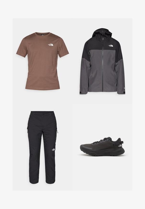 Hallide hall matroos jope, millel on must ülemine osa, lukuga esiosa, reguleeritav kapuuts ja elastsed varrukad. Selles on rinnal ja varrukal logo.; The North Face M SS SIMPLE DOME TEE - Spordi T-särk - smokey brown; The North Face WINTER EXPLORATION TAPERED CARGO - Õuepüksid - black; Mustad spordijalats musta värvi, millel on võrkkangast pealmine osa, pehmendatud krae ja kummist tald. Omab tekstuuri kujundust ja brändingu märgistust kannal. Kerge konstruktsioon.