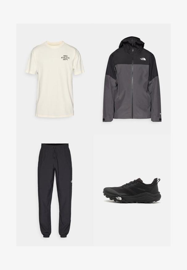 Pilkas vandeniui atsparus švarkas su juodu viršutiniu įdėklu, užtrauktuku priekyje, reguliuojamu gaubtu ir elastingomis rankovėmis. Yra logotipas ant krūtinės ir rankovės.; Grietai spalvos medvilninis marškinėliai su apvaliu kaklu, trumpomis rankovėmis ir juodu „NIKE ATHLETIC DEPT.“ užrašu ant kairiojo krūtinės. Minkšta tekstūra, laisvas kirpimas.; Juodos sportinės kelnės, pagamintos iš lengvos medžiagos, su raišteliu liemens srityje, šoniniais kišenėmis ir siaurėjantys apykaklės prie kulkšnies.; Juoda bėgimo batai su tekstūruotu paviršiumi, guma padais ir sustiprinta pirštų dalimi. Yra paminkštinta apykaklė ir kilpos, leidžiančios lengvai užsidėti.