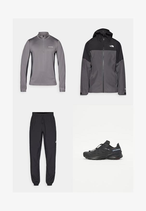 Casaco impermeável cinza com uma seção superior preta, fecho éclair à frente, capuz ajustável e punhos elásticos. Apresenta um logo no peito e na manga.; Pullover cinza de manga longa com fecho de meio, tecido texturizado, painéis laterais pretos em contraste e pequeno logótipo no peito.; Calças atléticas pretas feitas de tecido leve, com um cós ajustável por cordão, bolsos laterais e punhos afunilados nos tornozelos.; Sapatilha de trail running preta com um upper texturizado, atacadores elásticos e sola Contagrip. Apresenta um ajuste confortável e uma biqueira protetora.