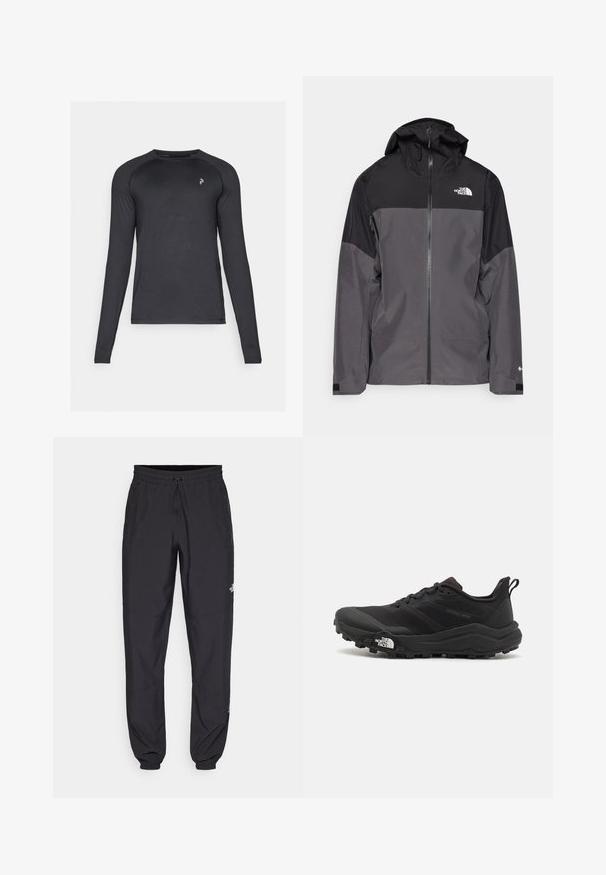 Pilkas vandeniui atsparus švarkas su juodu viršutiniu įdėklu, užtrauktuku priekyje, reguliuojamu gaubtu ir elastingomis rankovėmis. Yra logotipas ant krūtinės ir rankovės.; Peak Performance SPIRIT CREW - Ilgarankovis viršutinės dalies drabužis - black; Juodos sportinės kelnės, pagamintos iš lengvos medžiagos, su raišteliu liemens srityje, šoniniais kišenėmis ir siaurėjantys apykaklės prie kulkšnies.; Juoda bėgimo batai su tekstūruotu paviršiumi, guma padais ir sustiprinta pirštų dalimi. Yra paminkštinta apykaklė ir kilpos, leidžiančios lengvai užsidėti.