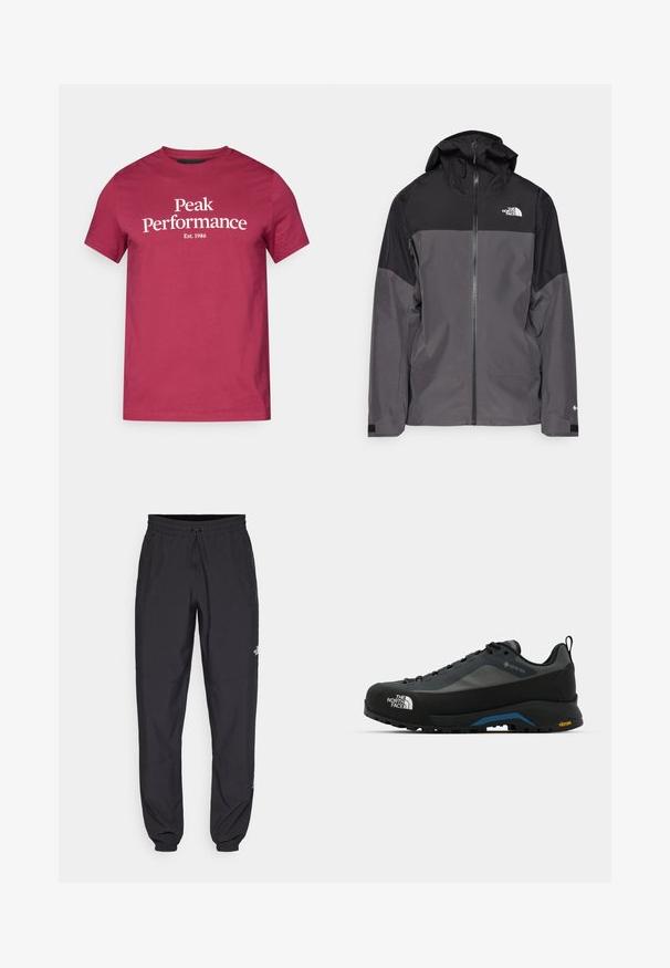 Grijze waterdichte jas met een zwart bovenstuk, een rits aan de voorkant, een verstelbare capuchon en elastische manchetten. Bevat logo op de borst en de mouw.; Bordeaux katoen t-shirt met witte tekst "Peak Performance" en "Est. 1986." Korte mouwen en een klassiek ronde halsontwerp.; Zwarte sportieve broek gemaakt van lichtgewicht stof, met een trekkoord in de taille, zijzakken en taps toelopende boorden bij de enkels.; The North Face VERTO ALPINE GORE TEX - Outdoorschoenen - asphalt grey/tnf black