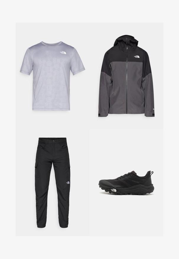 Γκρίζα αδιάβροχη ζακέτα με μαύρο πάνω τμήμα, με φερμουάρ μπροστά, ρυθμιζόμενη κουκούλα και ελαστικούς καρπούς. Περιλαμβάνει λογότυπο στο στήθος και στο μανίκι.; Ανοιχτό γκρι κοντομάνικο μπλουζάκι φτιαγμένο από αναπνεύσιμο ύφασμα. Διαθέτει γεωμετρικό μοτίβο και ένα μικρό λευκό λογότυπο στην επάνω αριστερή πλευρά.; The North Face HORIZON PANT - Παντελόνι εξωτερικού χώρου - black; Μαύρο αθλητικό παπούτσι τρεξίματος με υφασμάτινο άνω μέρος, καουτσούκ σόλα και ενισχυμένη μύτη. Διαθέτει επενδεδυμένο κολάρο και θηλιά στα πίσω για εύκολη φορεσιά.