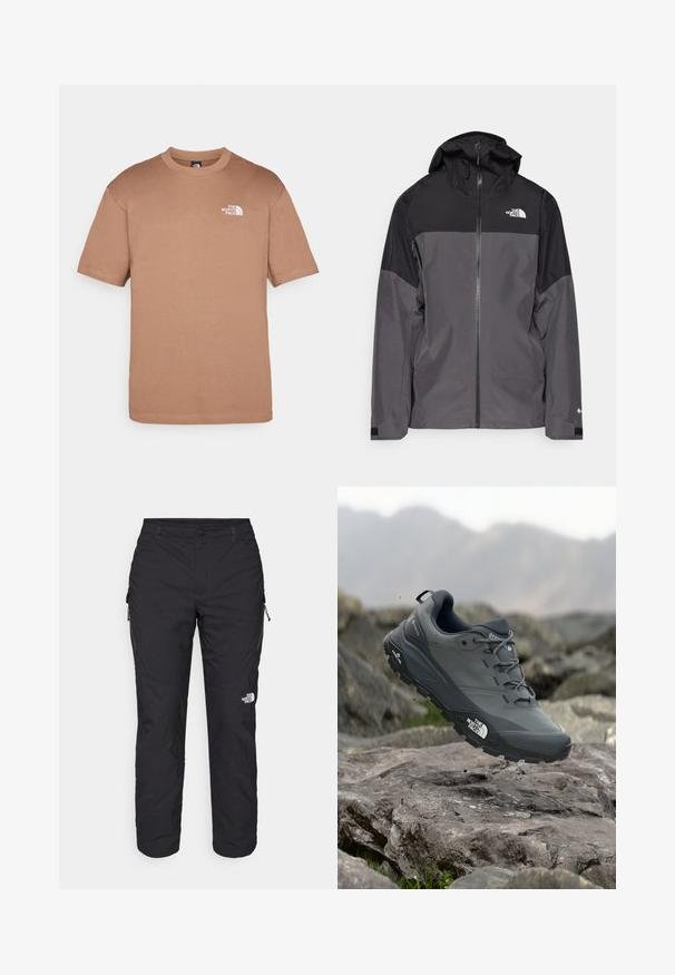 Jachetă impermeabilă gri, cu o secțiune superioară neagră, fermoar frontal, glugă ajustabilă și manșete elastice. Prezintă logo pe piept și pe mânecă.; Tricou din bumbac maro cu guler rotund, mâneci scurte și un logo alb pe partea stângă a pieptului. Textură moale, croială obișnuită.; The North Face WINTER EXPLORATION TAPERED CARGO - Pantaloni outdoor - black; Pantof de alergare pe trasee gri, cu o partieră texturată, talpă din cauciuc durabil și vârf întărit. Dispune de șireturi și logo-ul brandului pe lateral.