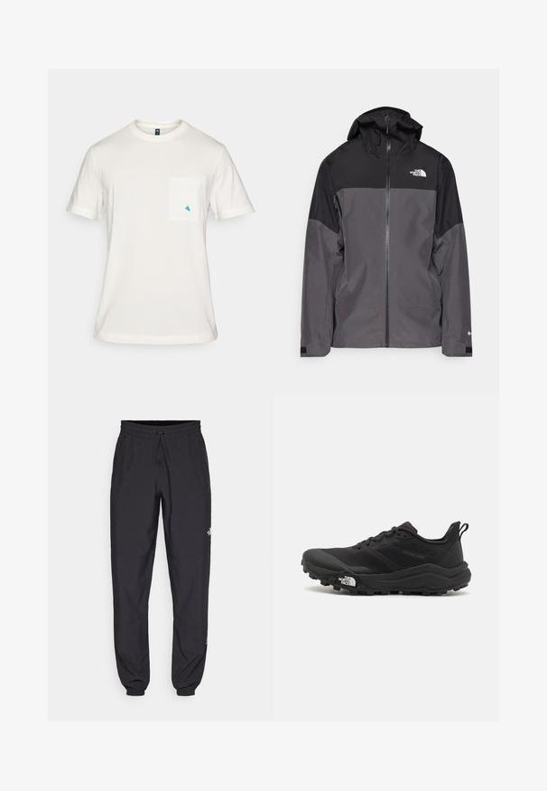 Szürke vízálló dzseki fekete felső résszel, cipzáros elülső rész, állítható kapucni és rugalmas mandzsetta. A mellkason és az ujjon logóval ellátva.; Fehér pamut póló rövid ujjakkal, kerek nyakkal, és bal mellen egy zsebbel, amelyen egy kicsi kék háromszöglogó található.; Fekete sportnadrág, könnyű anyagból készült, húzózsinóros derékkal, oldalsó zsebekkel és szűkített szárakkal a bokáknál.; Fekete terepfutó cipő, textúrált felső résszel, gumitalppal és megerősített lábujjrészével. Párnázott bokarésszel és húzófüllel rendelkezik a könnyű felhúzáshoz.