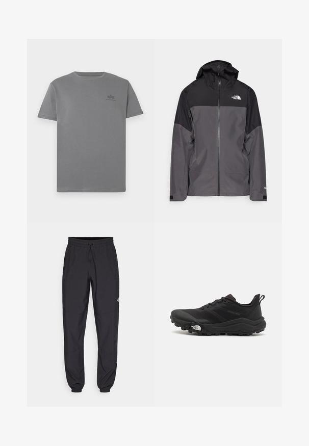 Pelēks ūdensnecaurlaidīgs mētelis ar melnu augšējo daļu, ar rāvējslēdzēja priekšpusi, regulējamu kapuci un elastīgām aprocēm. Iekļauj logotipu uz krūtīm un piedurknēm.; Pelēka kokvilnas T-kreklu ar apaļu kakla izgriezumu un īsām piedurknēm. Iezīmēta ar mazu melnu logotipu kreisajā krūtīs. Gluda tekstūra.; Melni sporta bikses, kas izgatavotas no viegla auduma, ar savelcamu jostu, sānu kabatām un sašaurinātiem apakšējiem galiem pie potītēm.; Melnas taku skriešanas kurpes ar teksturētu virsu, gumijas zoli un pastiprinātu pirkstu daļu. Aprīkotas ar mīkstu apkakli un vilkšanas cilpu, lai viegli uzvilktu.
