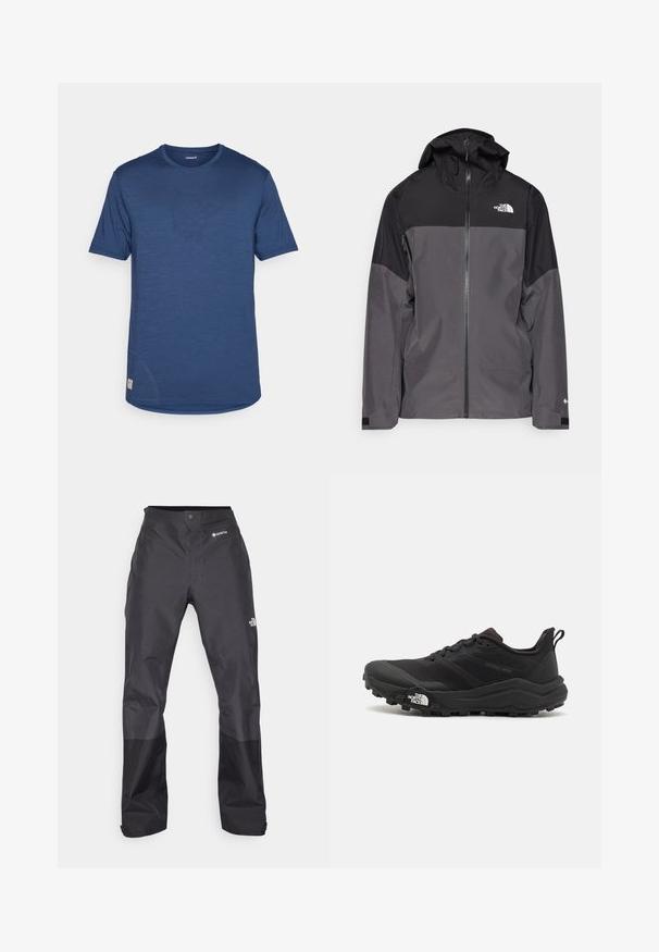 Casaco impermeável cinza com uma seção superior preta, fecho éclair à frente, capuz ajustável e punhos elásticos. Apresenta um logo no peito e na manga.; T-shirt de performance de manga curta azul com uma textura suave, gola redonda e um detalhe de logótipo subtil no lado esquerdo da frente.; Calças impermeáveis pretas com uma textura suave, apresentando um logotipo GORE-TEX na frente, e pernas inferiores reforçadas para maior durabilidade.; Sapatilha de trail running preta com um upper texturizado, sola de borracha e biqueira reforçada. Possui um colarinho acolchoado e uma alça para facilitar o calçar.