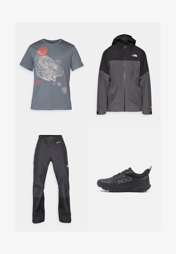 Grå vandtæt jakke med en sort overdel, lynlås foran, justerbar hætte og elastiske manchetter. Har logo på brystet og ærmet.; Grå bomulds-T-shirt med et topografisk design i hvid og en rød cirkel. Tekst i rød og hvid langs venstre side.; Sorte vandtætte bukser med en glat tekstur, der har et GORE-TEX-logo på fronten og forstærkede nederste ben for holdbarhed.; Sort Hoka løbesko med mesh-overdel, teksturerede detaljer og en tyk, polstret sål med skrånende kanter for forbedret støtte.