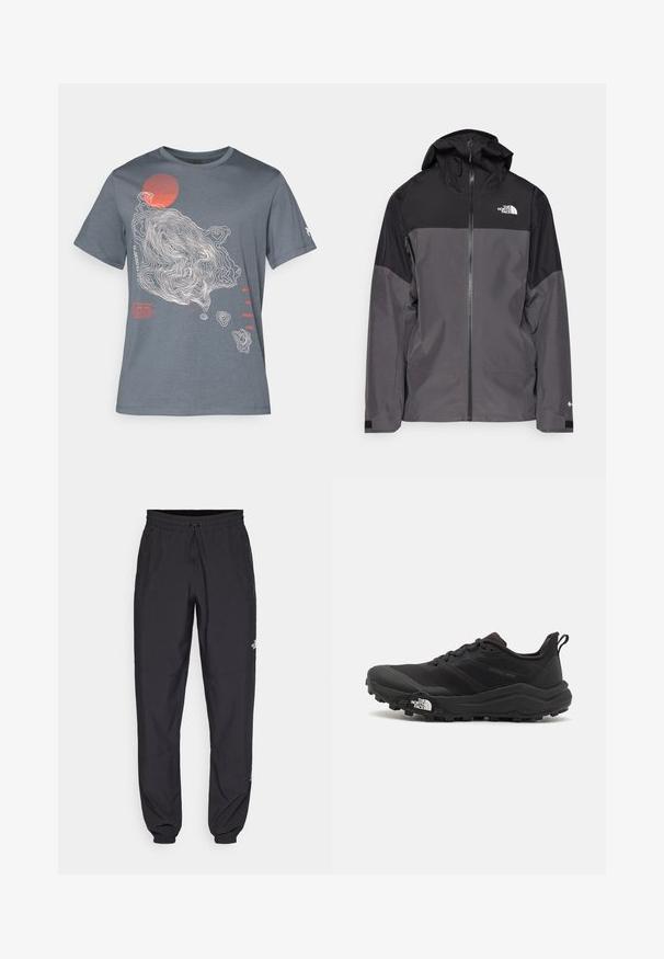 Grå vandtæt jakke med en sort overdel, lynlås foran, justerbar hætte og elastiske manchetter. Har logo på brystet og ærmet.; Grå bomulds-T-shirt med et topografisk design i hvid og en rød cirkel. Tekst i rød og hvid langs venstre side.; Sorte atletiske bukser lavet af letvægtsstof, med en snor i taljen, sidelommer og tapered manchetter ved anklerne.; Sort trail løbesko med en struktureret overdel, gummisål og forstærket tåhætte. Har en polstret krave og en pull-tab til nem påtagning.