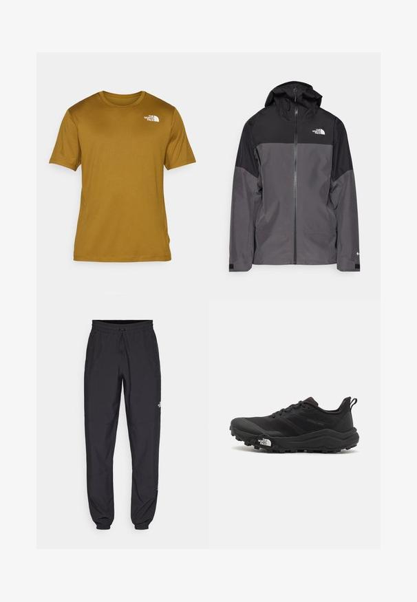 Siva vodoodbojna jakna z črnim zgornjim delom, zadrgo spredaj, nastavljivo kapuco in elastičnimi manšetami. Ima logotip na prsih in rokavih.; Majica s kratkimi rokavi iz mustarde rumene tkanine, z okroglim izrezom in belim logotipom na levem prsnem delu. Gladka, lahka tekstura.; Črne atletske hlače iz lahkega materiala, ki imajo elastični pas z vezalko, stranske žepe in zožene manšete na gležnjih.; Črne tekaške čevlje za trail s teksturirano zgornjega dela, gumijastim podplatom in ojačanim zaključkom prstov. Vključuje oblazinjen ovratnik in zanko za enostavno obuvanje.