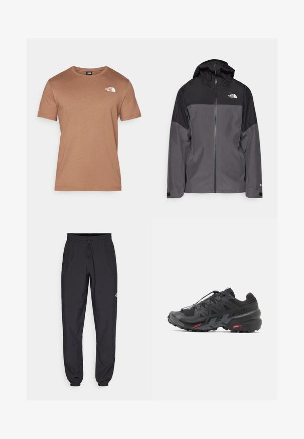 Hallide hall matroos jope, millel on must ülemine osa, lukuga esiosa, reguleeritav kapuuts ja elastsed varrukad. Selles on rinnal ja varrukal logo.; Pruun lühikeste varrukatega t-särk, mis on valmistatud pehmest materjalist, omab ümarat kaelust ja valget logo vasakul rindkere piirkonnas. Sile tekstuur ja minimaalne disain.; Mustavad sportlikud püksid, mis on valmistatud kergest kangast, joonlauaga taljest, küljetaskudega ja kitsenevate varrukatega pahkluude juures.; Mustad mustus jooksujalats sünteetilisest ülemisest, tekstuurse disaini ja kontrastsete punaste aktsentidega. Omab kinnitatud nöörisüsteemi ja karmist alaosa.