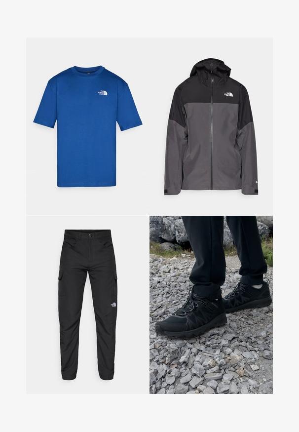 Casaco impermeável cinza com uma seção superior preta, fecho éclair à frente, capuz ajustável e punhos elásticos. Apresenta um logo no peito e na manga.; T-shirt de algodão azul com mangas curtas, design de gola redonda, apresentando um logótipo branco no lado esquerdo do peito. Textura suave, sem padrões.; The North Face HORIZON PANT - Calças para exterior - black; Sapatos pretos para exterior, feitos de material em malha e sintético, com um cabedal texturizado, sistema de atilho seguro e uma sola robusta, sobre terreno rochoso.