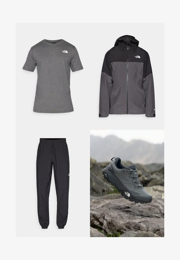 Harmaa vedenpitävä takki, jossa on musta yläosa, vetoketjullinen etuosa, säädettävä huppu ja joustavat hihansuut. Rinnassa ja hihassa on logo.; The North Face M SS BOX NSE TEE - Printtipaita - medium grey heather; Mustat urheiluhousut, jotka on valmistettu kevyestä kankaasta. Housuissa on naru vyötäröllä, sivutaskut ja kapenevat hihnat nilkoissa.; Harmaa polkujuoksukenkä, jossa on teksturoitu päällinen, kestävä kumipohja ja vahvistettu varvastoppa. Varustettu nauhoilla ja brändin logolla sivussa.