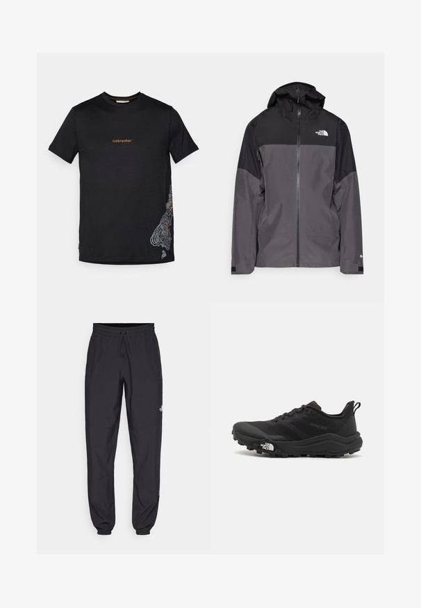Siva vodootporna jakna s crnim gornjim dijelom, s patentnim zatvaračem sprijeda, podesivim kapuljačom i elastičnim manžetama. Ima logo na prsima i rukavu.; Crna majica kratkih rukava s natpisom "icebreaker" u narančastoj boji na prsima i bijelim topografskim dizajnom na donjem desnom kutu.; Crne sportske hlače od lagane tkanine, s pojasom na vezanje, bočnim džepovima i suženim manžetama na gležnjevima.; Crne trail trkačke cipele s teksturiranim gornjim dijelom, gumeni potplat i ojačana zaštita za prste. Imaju podstavljen ovratnik i trakicu za lakše obuvanje.