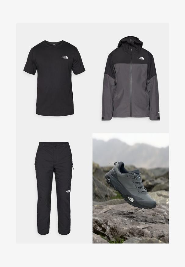 Pelēks ūdensnecaurlaidīgs mētelis ar melnu augšējo daļu, ar rāvējslēdzēja priekšpusi, regulējamu kapuci un elastīgām aprocēm. Iekļauj logotipu uz krūtīm un piedurknēm.; Melna īsām piedurknēm T-krekls, kas izgatavots no kokvilnas, ar apaļu dekoltē un nelielu baltu logotipu augšējā kreisajā krūtīs.; The North Face WINTER EXPLORATION TAPERED CARGO - Āra bikses - black; Pelēki skrējēju apavi ar teksturētu virsu, izturīgu gumijas zoli un pastiprinātu pirkstu daļu. Iekļauj šņores un zīmola logo sānos.