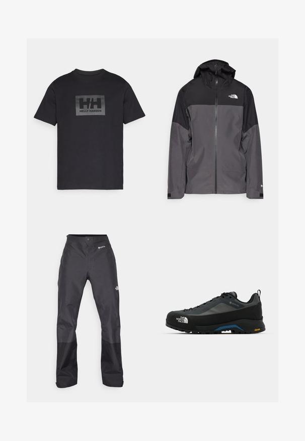 Gray waterproof jacket with a black upper section, zippered front, adjustable hood, and elastic cuffs. Features logo on chest and sleeve.; Black cotton t-shirt with short sleeves, featuring a rectangular gray logo in the center displaying "HH" and "HELLY HANSEN" beneath it.; Black waterproof pants with a smooth texture, featuring a GORE-TEX logo on the front, and reinforced lower legs for durability.; The North Face VERTO ALPINE GORE TEX - Hiking shoes - asphalt grey/tnf black