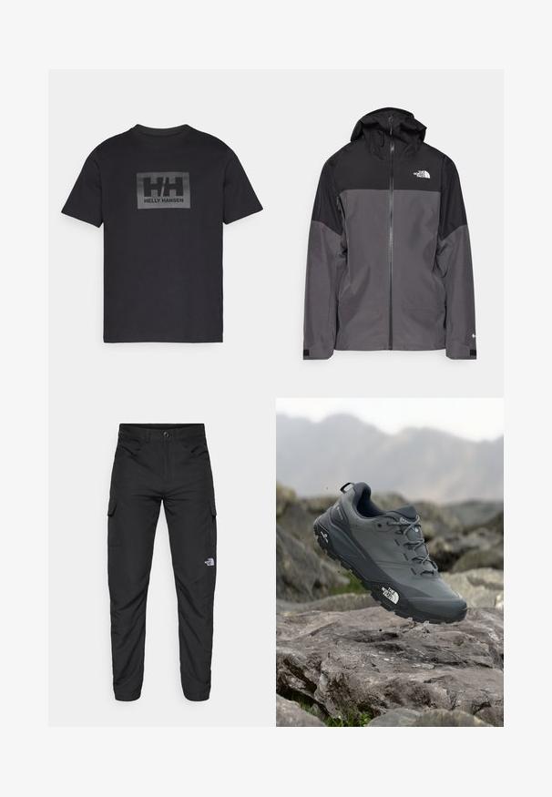 Szara wodoodporna kurtka z czarną górną częścią, zapinana na zamek, z regulowanym kapturem i elastycznymi mankietami. Posiada logo na klatce piersiowej i rękawie.; Czarna bawełniana koszulka z krótkim rękawem, z prostokątnym szarym logo na środku, przy którym znajduje się napis "HH" oraz "HELLY HANSEN" poniżej.; The North Face HORIZON czarny; Szare buty do biegania w terenie z teksturową cholewką, trwałą gumową podeszwą i wzmocnionym noskiem. Posiadają sznurowadła oraz logo marki z boku.